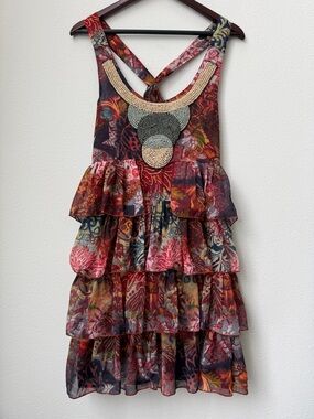 Desigual Beaded Neckline Tiered Ruffle Patchwork Boho Mini Dress Size EUR 38